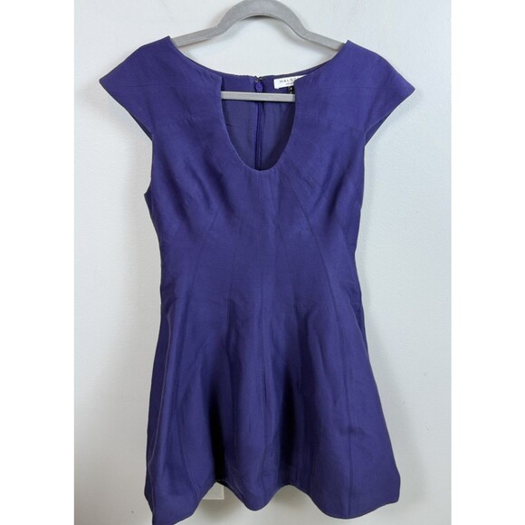 HALSTON HERITAGE Women’s Silk Blend Dress Sleeveless Fit & Flare Mini Blue 6 - Picture 1 of 8